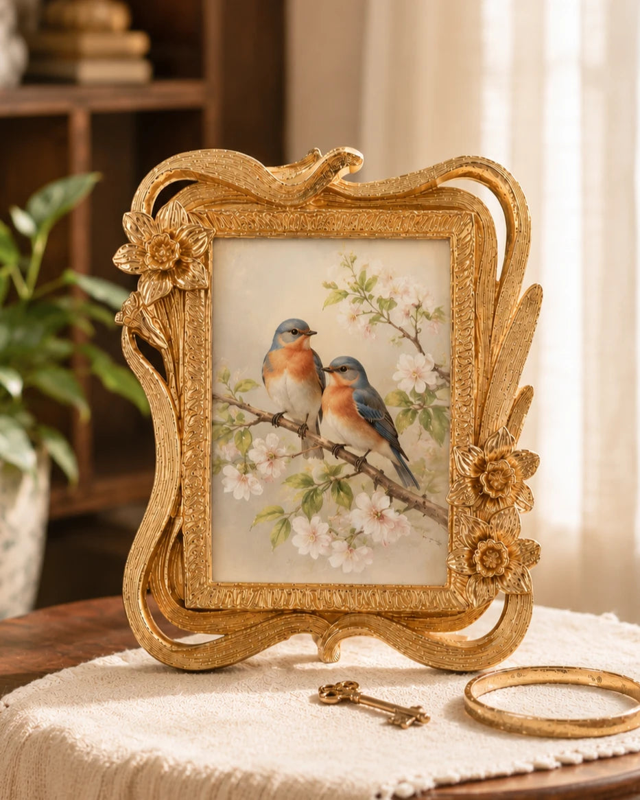 Gold floral decorative photo frame front view – The Decor Kart