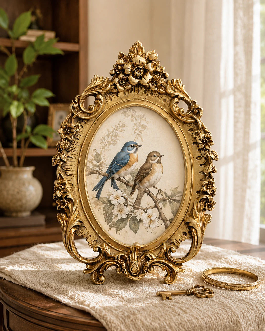 Vintage gold ornate oval photo frame with floral detailing
