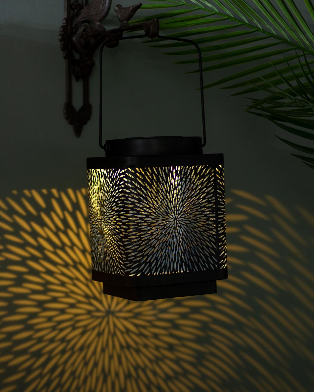 Dark Zinc Pierced Metal Cylinder Solar LED Lantern