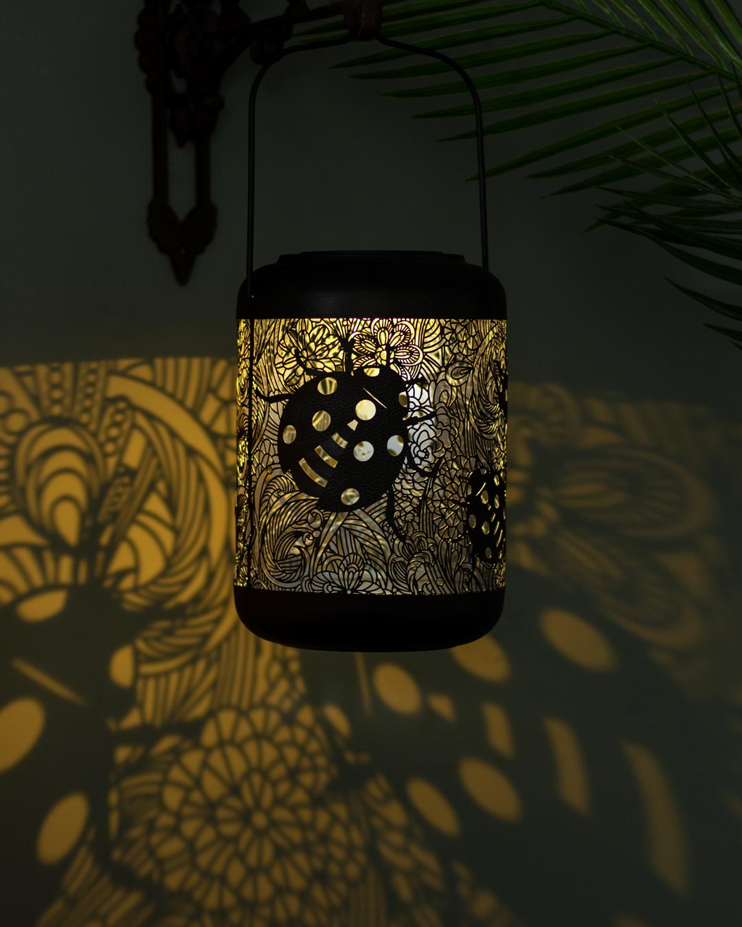 Dark Zinc Pierced Metal Cylinder Solar LED Lantern