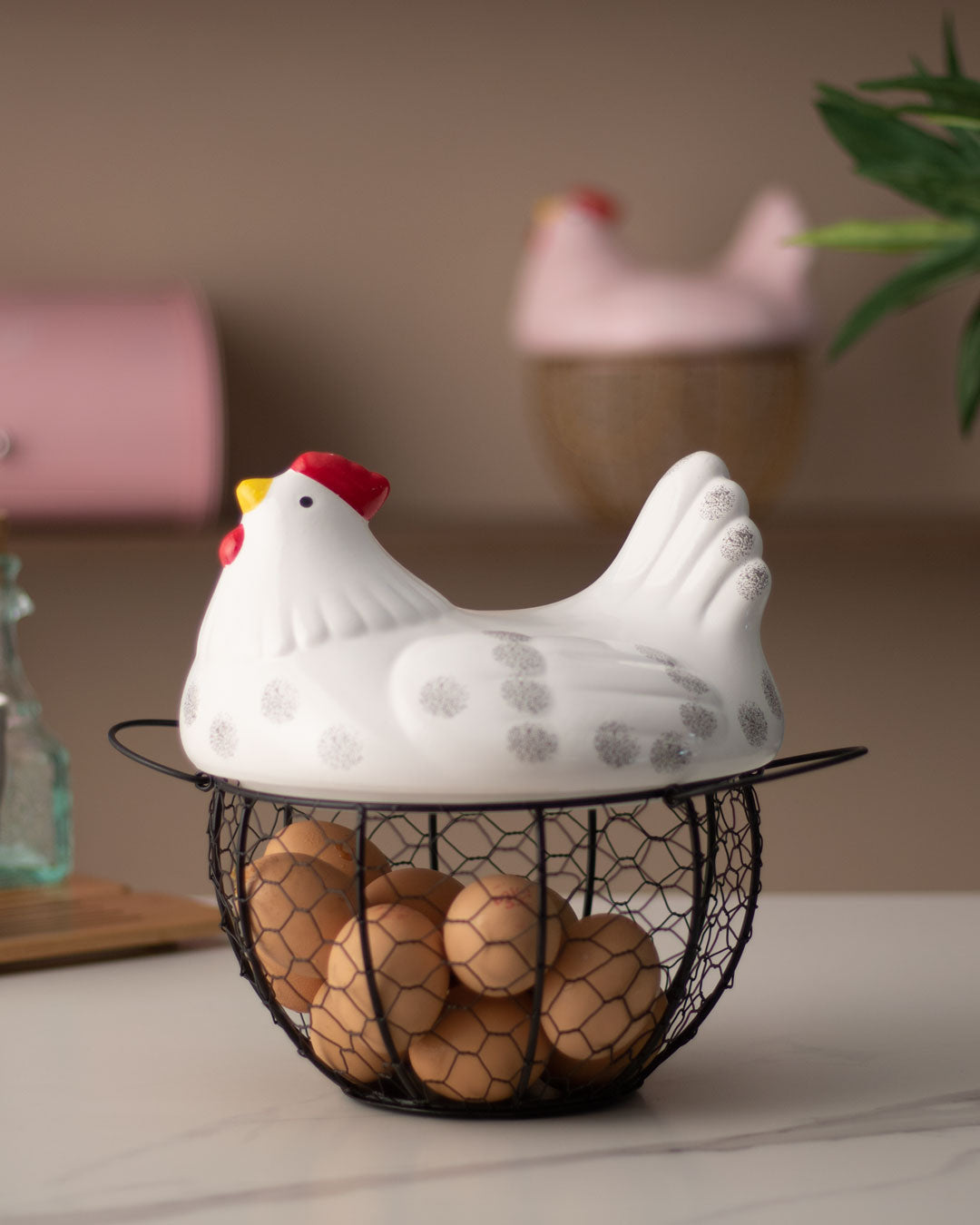 Rooster Egg Basket - Spotted White - The Decor Kart