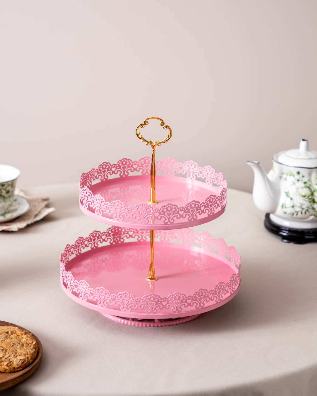 'Lacing Elegance' 2-Tier Cake Stand - Pink