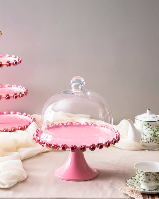 'Roselace' Pink Pedestal Cake Stand with Glass Dome