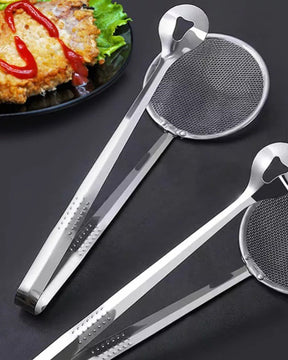 Stainless Steel 2 in 1 Fry Oil Filter Spoon Strainer With Tong - The Decor Kart 