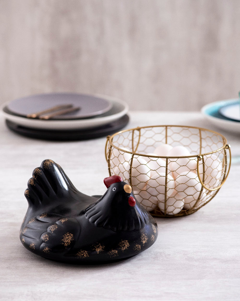 Rooster Egg Basket - Spotted Black - The Decor Kart