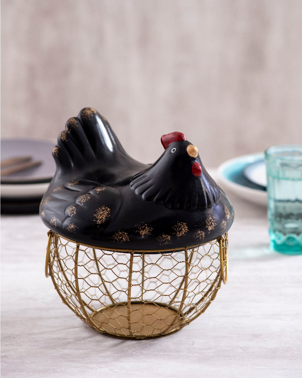 Rooster Egg Basket - Spotted Black - The Decor Kart