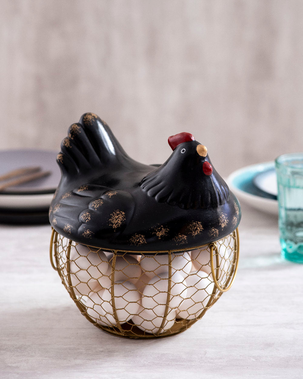 Rooster Egg Basket - Spotted Black - The Decor Kart