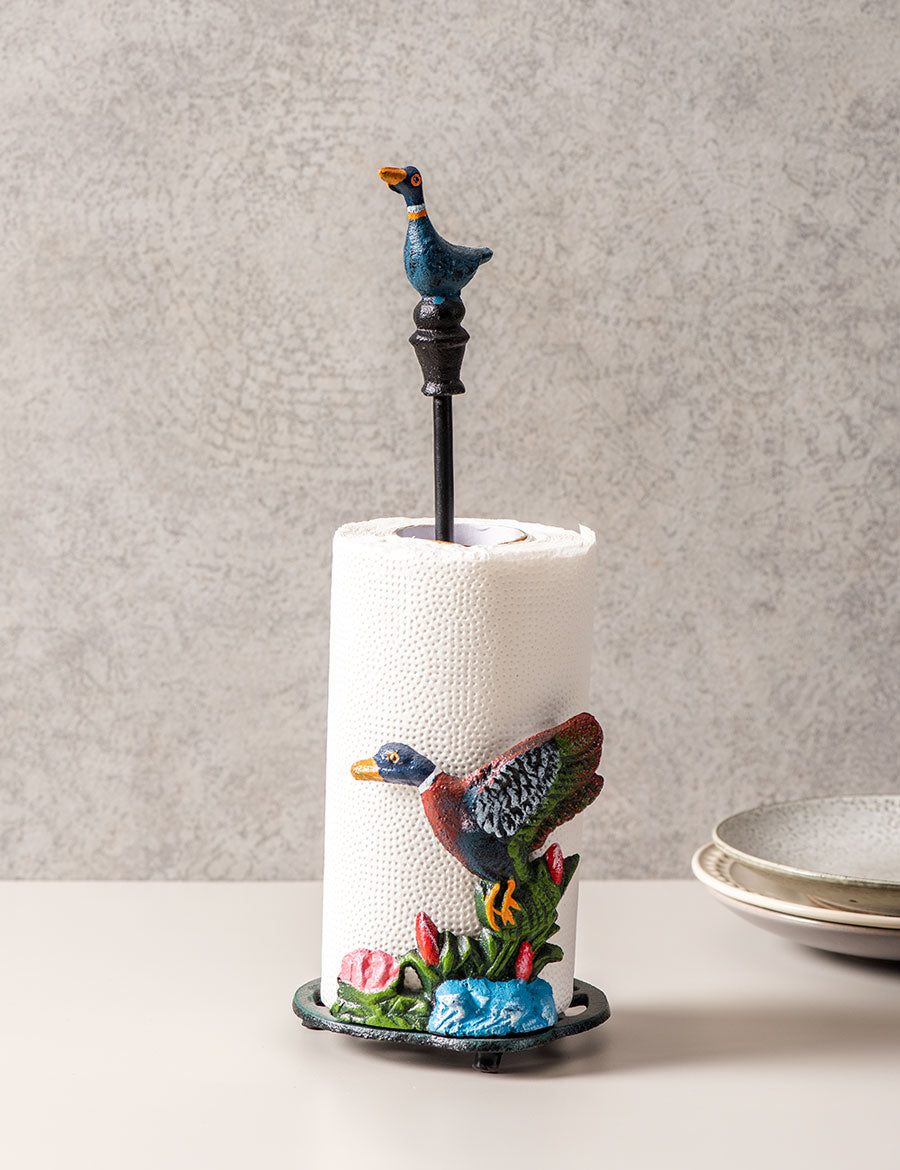 Rustic mallard duck paper towel stand in cast iron, kitchen organization essential. 