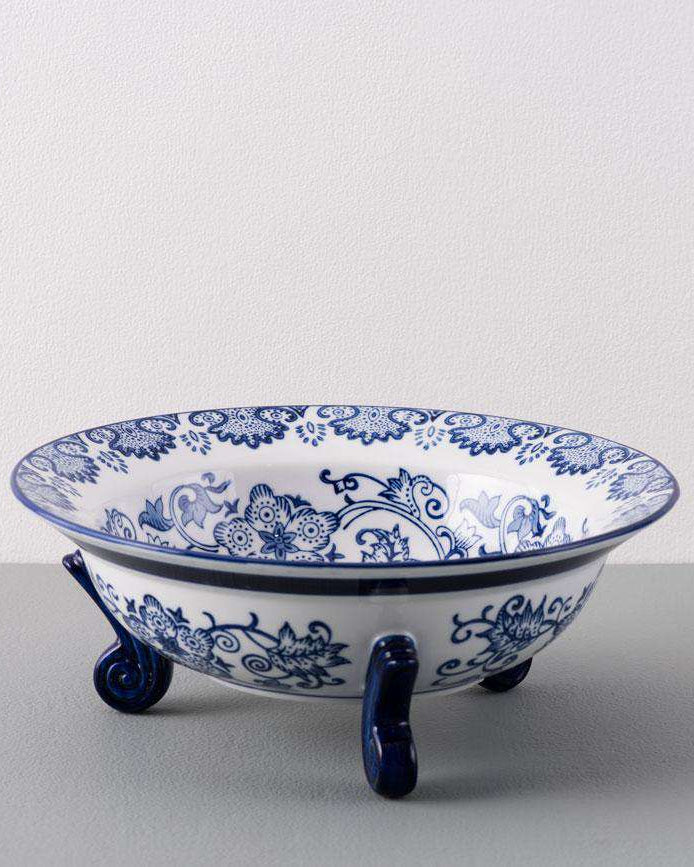3-Footed Traditional Blue & White Hand-Painted Bowl - 11" - The Decor Kart