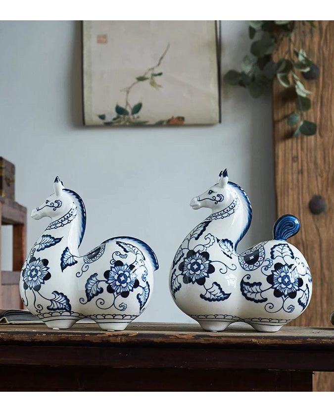 Blue & White Porcelain Horses - Set of 2