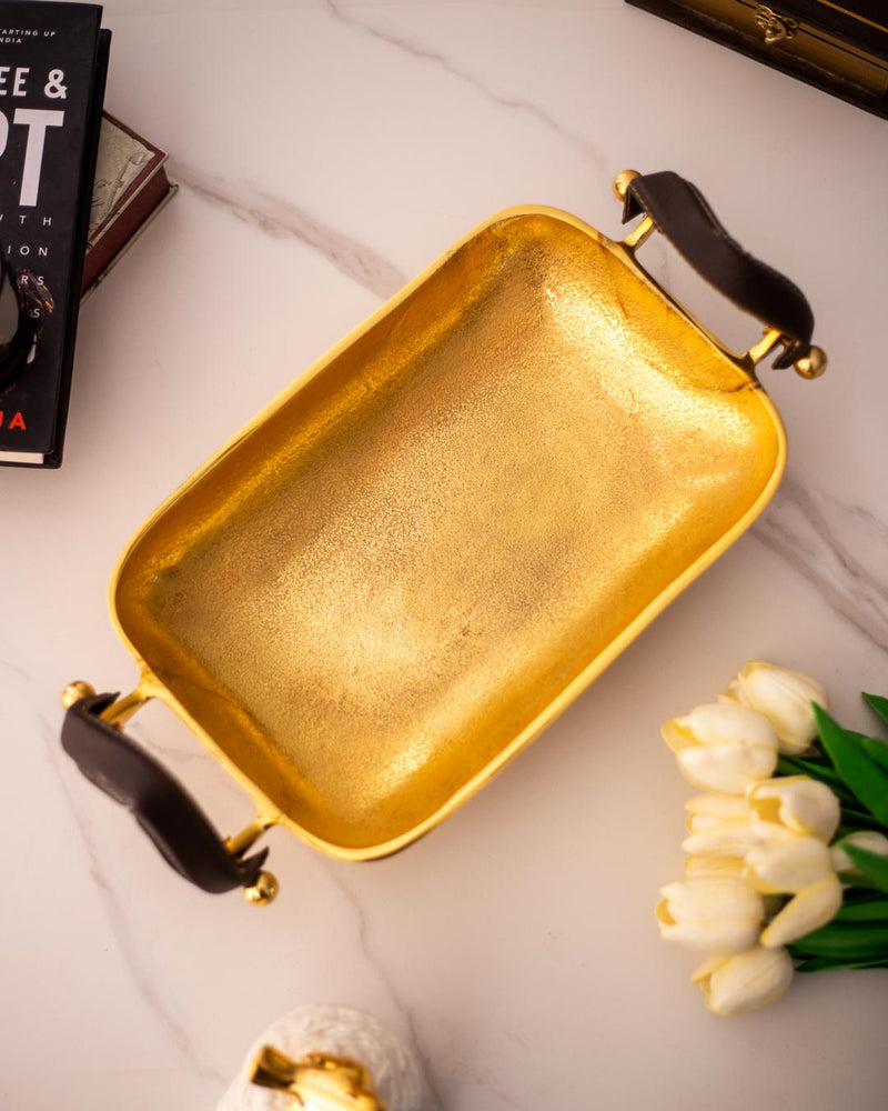 Rectangle Gold Solid Tray With Leather Handle
