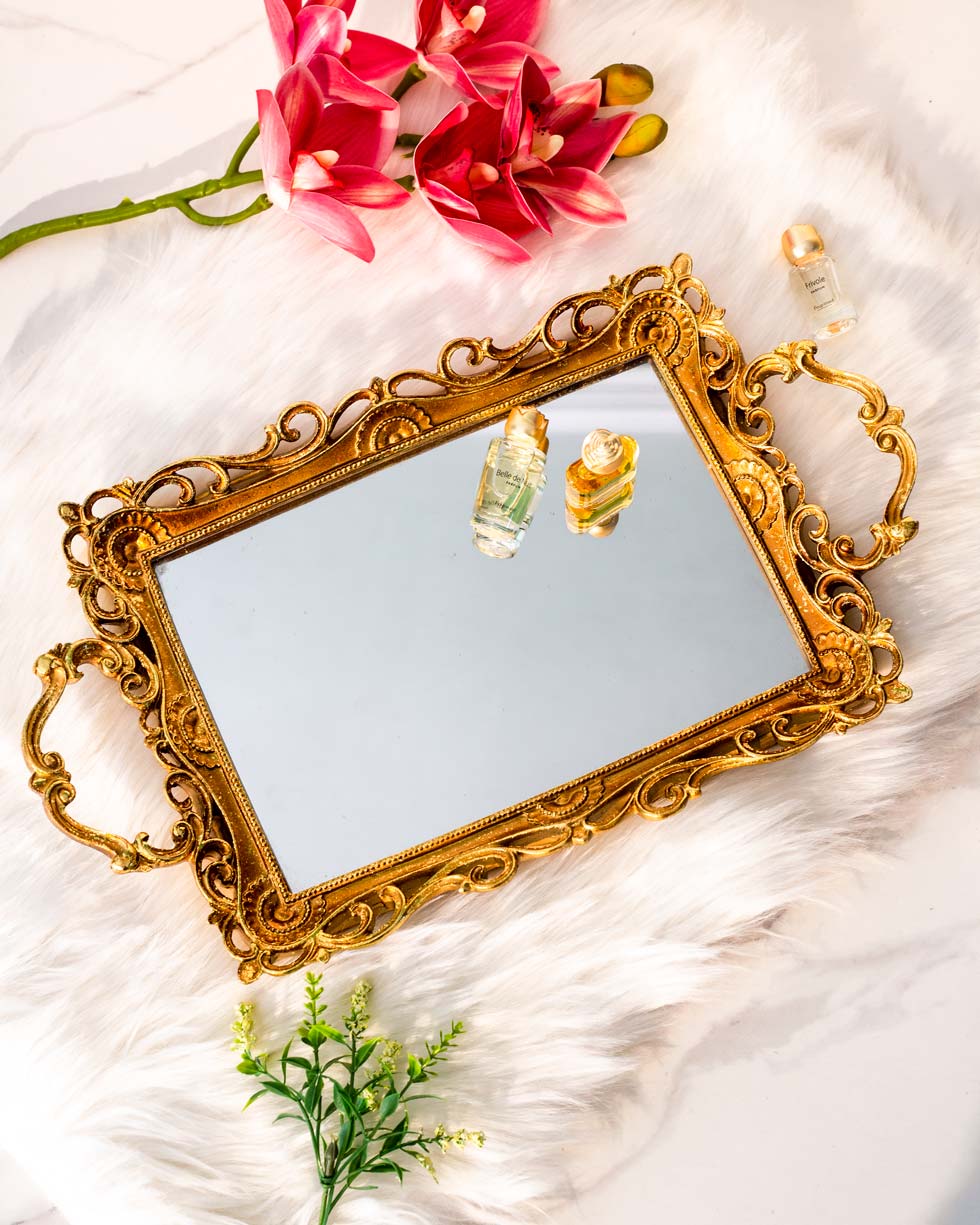 Antique Serving Mirror Tray - Gold