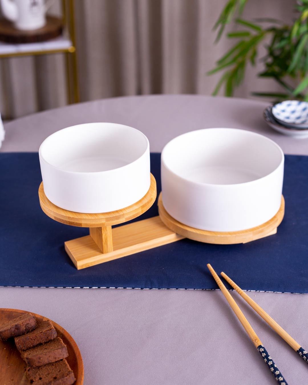 Ceramic Bowl with 2 Tire Wooden Stand - White