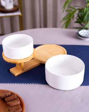 Ceramic Bowl with 2 Tire Wooden Stand - White