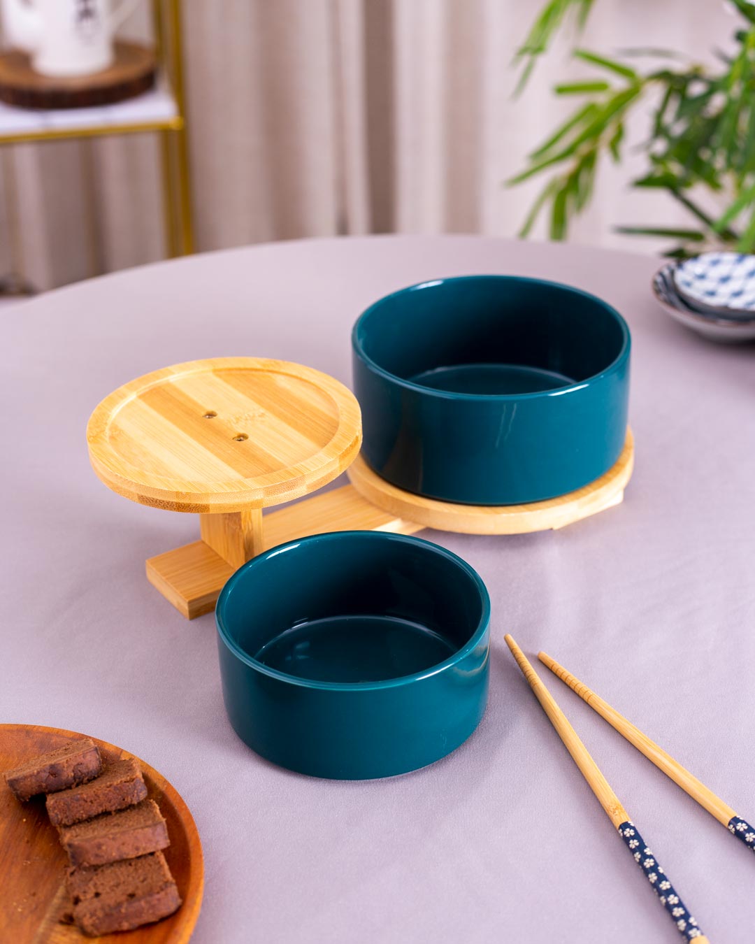 Ceramic Bowl with 2 Tire Wooden Stand - Blue