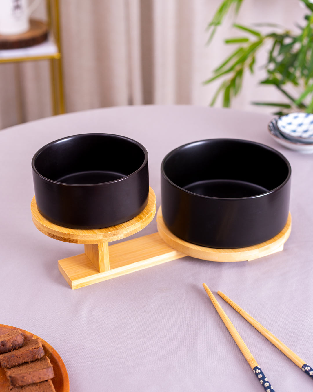 Ceramic Bowl with 2 Tire Wooden Stand - Black