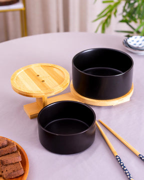 Ceramic Bowl with 2 Tire Wooden Stand - Black