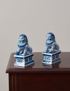 Blue & White Porcelain Foo Dogs - Set of 2