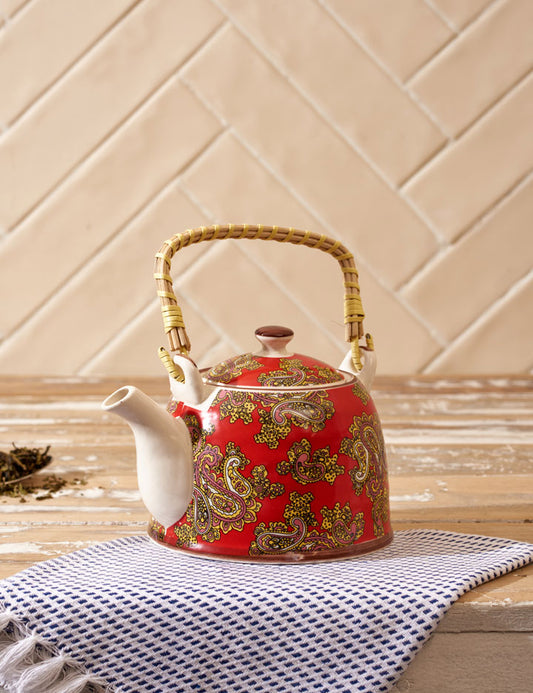 Paisley Ceramic Tea Kettle - Red - The Decor Kart